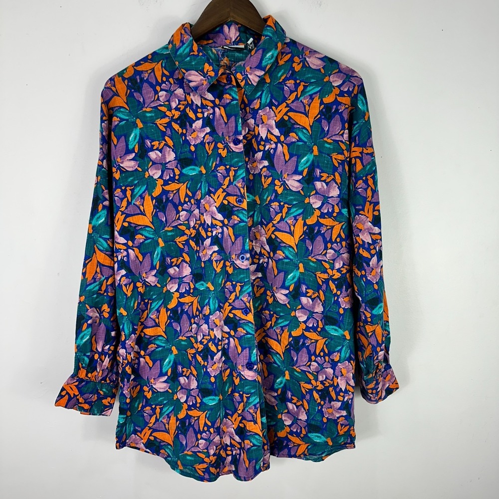 ASOS DESIGN Floral Button Down Shirt Womens Size‎ 2 Blue Purple Boho Long Sleeve